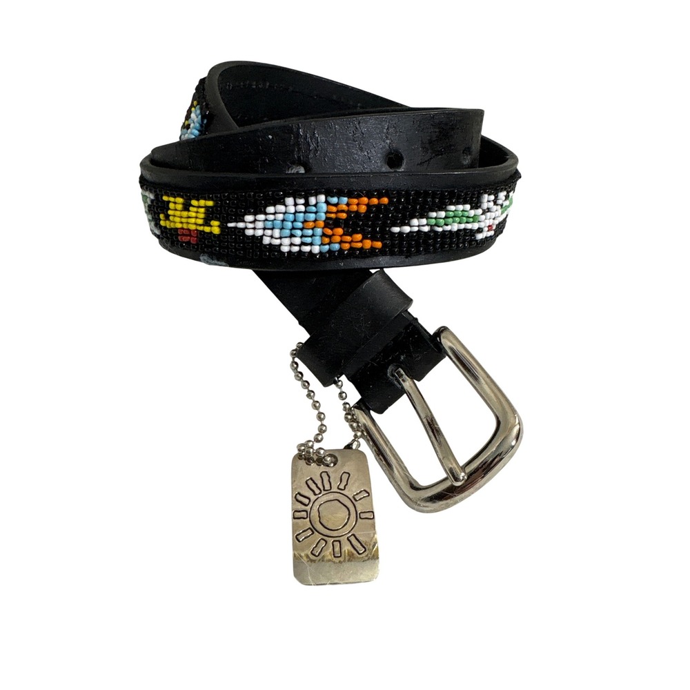 Black Leather Beaded Belt Southwestern Geometric Arrow Multi-Color 26-30 Inch